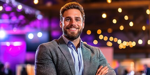 Obraz premium friendly entrepreneur standing in event booth at business conference