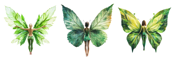 Enchanting Fairy Figures with Vibrant Leafy Wings and Graceful Poses, PNG bundle collection, Isolated on Transparent Background