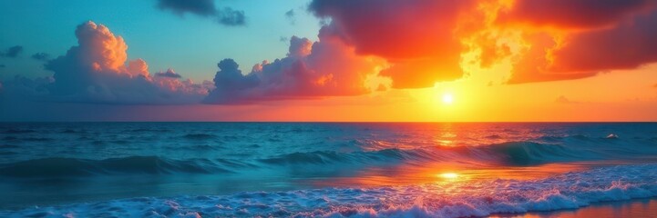 Azure sky meets fiery sun, ocean reflects vibrant hues, dramatic, nature