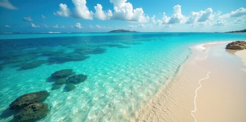 Obraz premium Azure shallows reveal coral reef; sunlit sand glitters , summer, vibrant