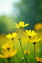 Fototapeta premium Blurred yellow wildflowers, sunny day, soft focus , nature, design, bokeh
