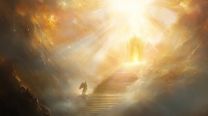 Ethereal Divine Realm with Celestial Beams and Radiant Throne Surrounded by Mystical Clouds and Glowing Light