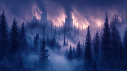 Obraz premium Misty Forest with a White Tower Emitting Steam