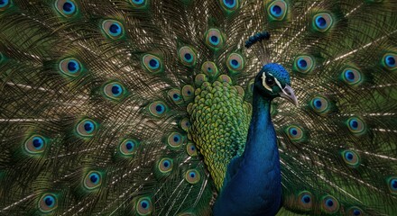 Fototapeta premium Close-Up of a Peacock's Vibrant Feathers with Natural Background