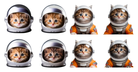 Adorable Kittens in Space Helmets with Playful Expressions, PNG bundle collection, Isolated on Transparent Background