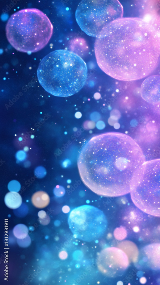 Poster iridescent bubbles drifting through luminous blue-purple gradient, shimmering with glowing particles