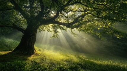 Naklejka premium Majestic Ancient Tree Bathed in Sunlight A Serene Forest Scene