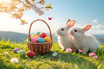 Fototapeta premium Two cute rabbits sit beside a basket of colorful eggs in a sunny spring meadow, celebrating Easter.