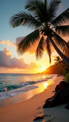 Fototapeta na wymiar Majestic palm fronds sway above a tranquil Hawaiian beach at sunset, nature, sea, orange