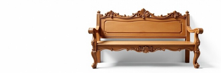Ornate wooden bench, intricate carving, white backdrop , handmade, garden