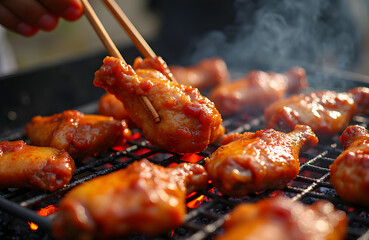 A vendor preparing Thai style grilled chicken wings basting them with a sweet and spicy glaze over hot coals