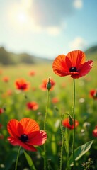 Scarlet poppies and delicate wildflowers carpet a sunlit meadow, buzzing with life , wildflower, landscape
