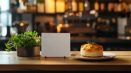 Fototapeta premium Fresh chicken pot pie placed on a sleek cafe counter, with a blank white sign next to it, ready for menu updates or daily specials.