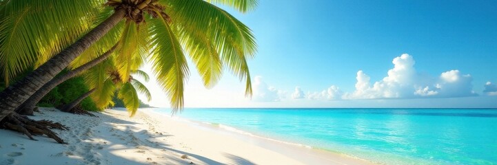 Obraz premium Sun-drenched palm trees fringe a pristine sandy beach , warm, summer