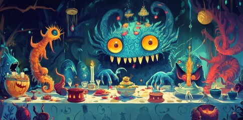A fantastic dinner party with strange monsters and creatures