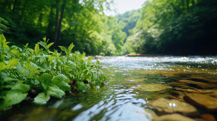 Fototapeta premium Lush greenery and flowing water create serene natural landscape