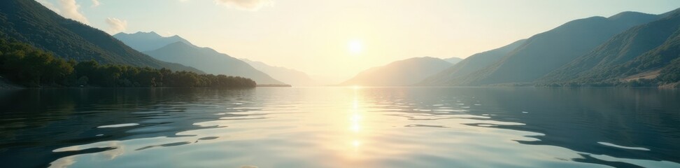 Naklejka premium Clear morning, lake stretches to distant hills, sunlit ripples , lake, green