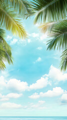 Fototapeta premium Lush palm trees bordering azure sky, fluffy clouds hovering above serene turquoise ocean, embodying relaxing tropical getaway