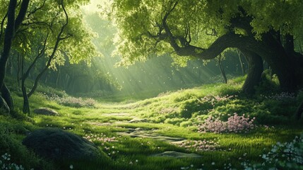 Fototapeta premium Sunlit Path Through a Magical Green Forest with Blooming Flowers and Lush Greenery