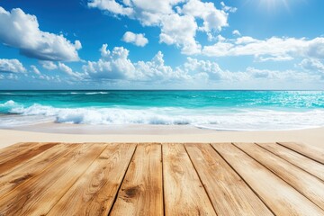 Fototapeta premium Tranquil Beachfront View with Clear Blue Skies and Gentle Waves, Framed by Warm Wooden Decking on a Sunny Day