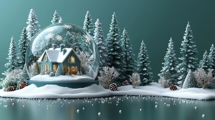 Naklejka premium Cozy House in Snow Globe Scene with Winter Forest Trees