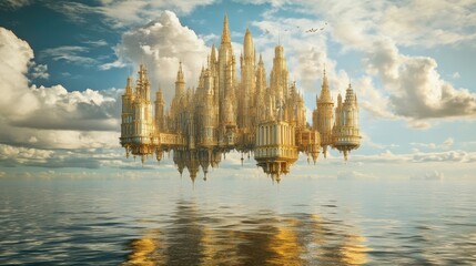 Fototapeta premium Ethereal Golden City Floating Above Calm Ocean Under Bright Blue Sky with Fluffy Clouds