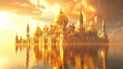 Majestic Golden Palace Surrounded by Calm Waters Under Dramatic Sunset Sky with Soft Light Reflections