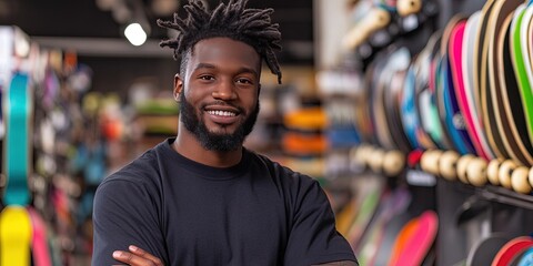 friendly black entrepreneur standing in skateboard store