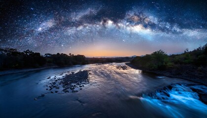 Milky Way over River Landscape: Majestic panorama of the night sky adorned with the radiant Milky Way, shimmering over a tranquil river that meanders through a picturesque landscape.