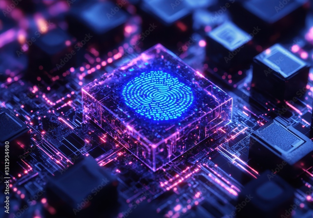 Poster abstract representation of a futuristic fingerprint recognition technology on a circuit board with g