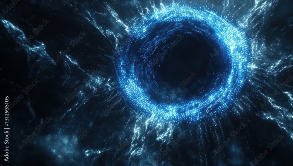 Poster abstract representation of a glowing blue vortex with dynamic data streams flowing around in a dark 