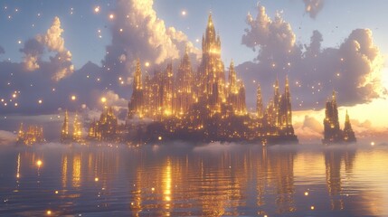 Obraz premium Dreamlike Fantasy Castle with Golden Glow Reflected in Calm Water Under Magical Twilight Sky