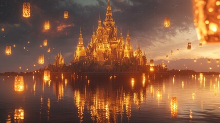 Fototapeta premium Serene Night Sky with Floating Lanterns and Majestic Temple by Water Reflection at Dusk