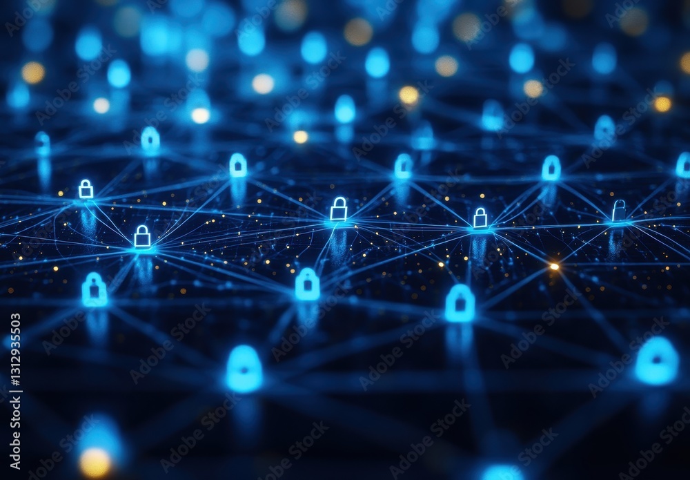Poster abstract representation of a secure digital network with glowing locks symbolizing cybersecurity and