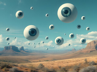 Surreal Desert Landscape with Floating Eyes Artistic, Dreamlike, Abstract, Eye-Catching,...