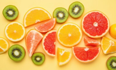 Colorful fruit arrangement on yellow