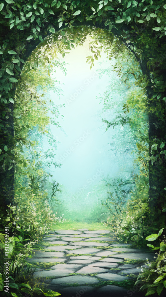 Poster winding stone path meandering through a mysterious forest, passing beneath a lush green arch formed 