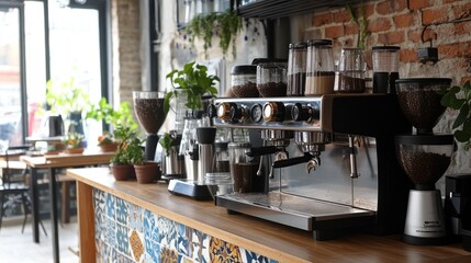 Fototapeta premium A caf counter blending retro tile patterns with high-tech espresso machines.