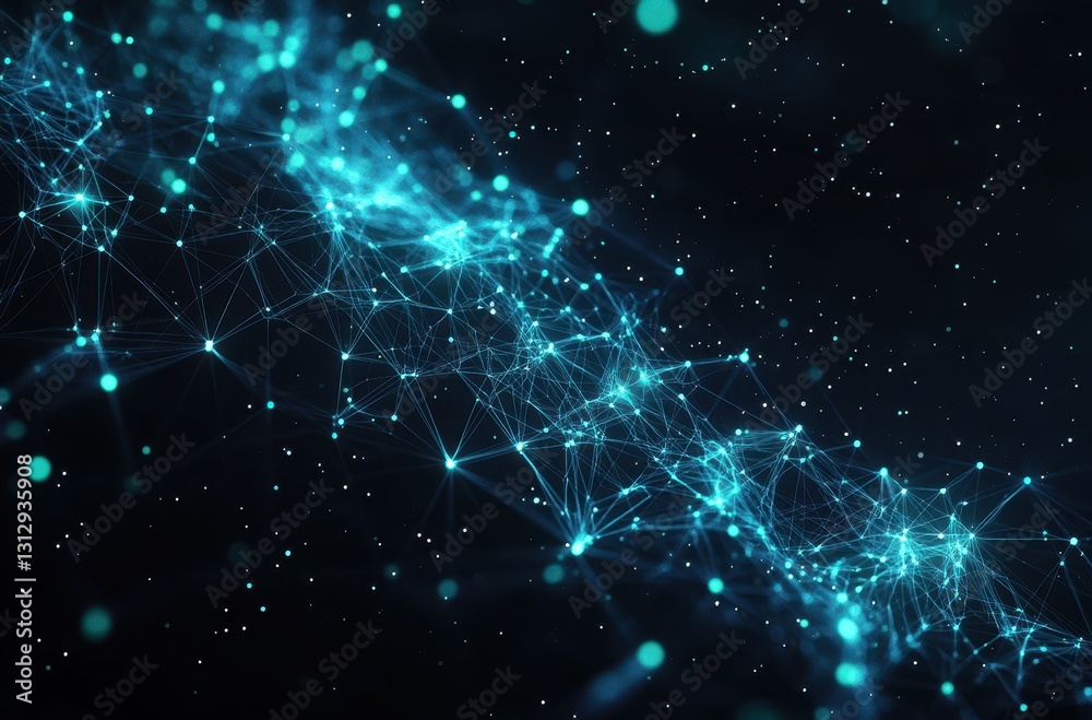 Poster abstract representation of digital connections in a cosmic space with glowing nodes and lines in a d