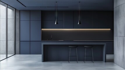 A contemporary kitchen with deep blue, handleless cabinets and minimalist lighting.