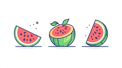 Cartoon watermelon slices, illustration, summer fruit, food, graphic design, digital art