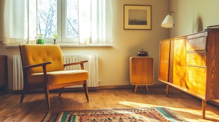 A cozy living room blending vintage furniture with sleek modern lighting.