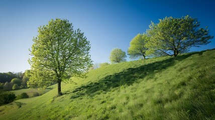 Obraz premium Newly planted green trees on a slope nurturing land and instilling a sense of renewal and environmental responsibility, generated with ai
