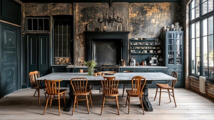 A fusion dining area with antique wooden chairs and a modern marble table.
