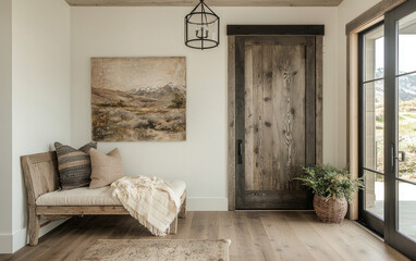 Rustic Entryway with Beige Bench and Landscape Painting