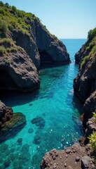 Secluded cove, clear aquamarine sea, volcanic rock formations , clear, travel, secluded