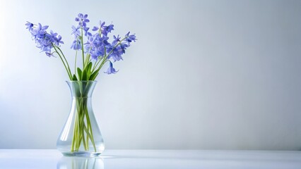 Vibrant bluebell flower in a modern minimalist vase on a white background, with clean lines and subtle lighting effects , botanical illustrations, bluebells