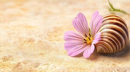 Fototapeta premium Delicate Pink Flower Beside Striped Snail Shell on Sandy Background
