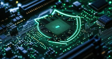 Fototapeta premium Abstract representation of secure technology with glowing microchip and digital circuitry on a dark background for cybersecurity themes