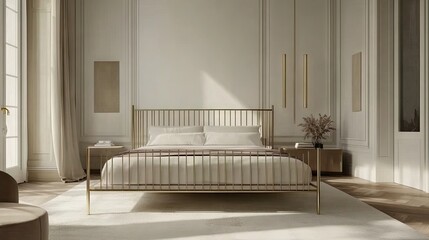 A modern bedroom with an antique brass bed frame and minimalist dcor.